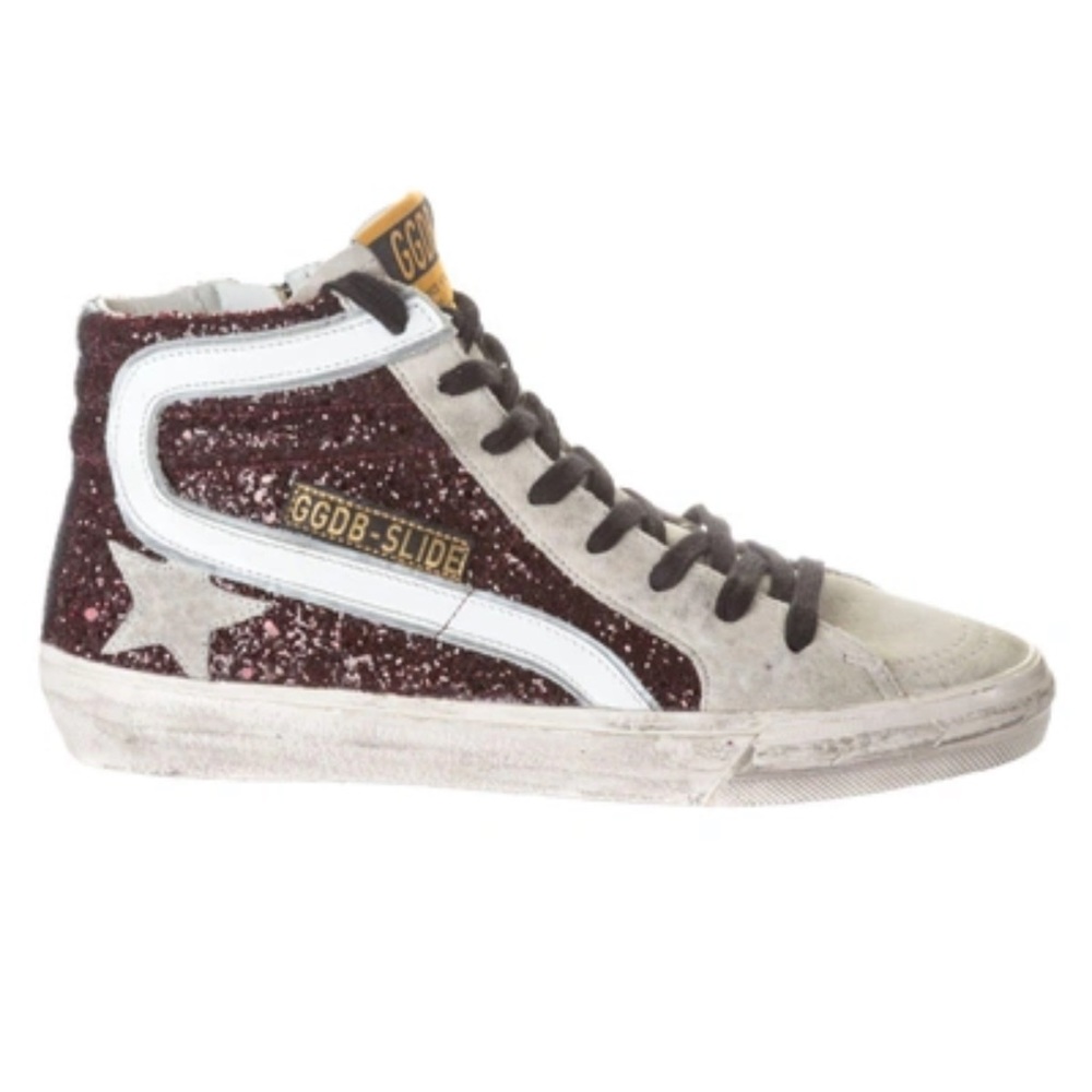 GGDB Golden Goose Slide Mid Sneakers in Bordeaux Glitter, Size 41